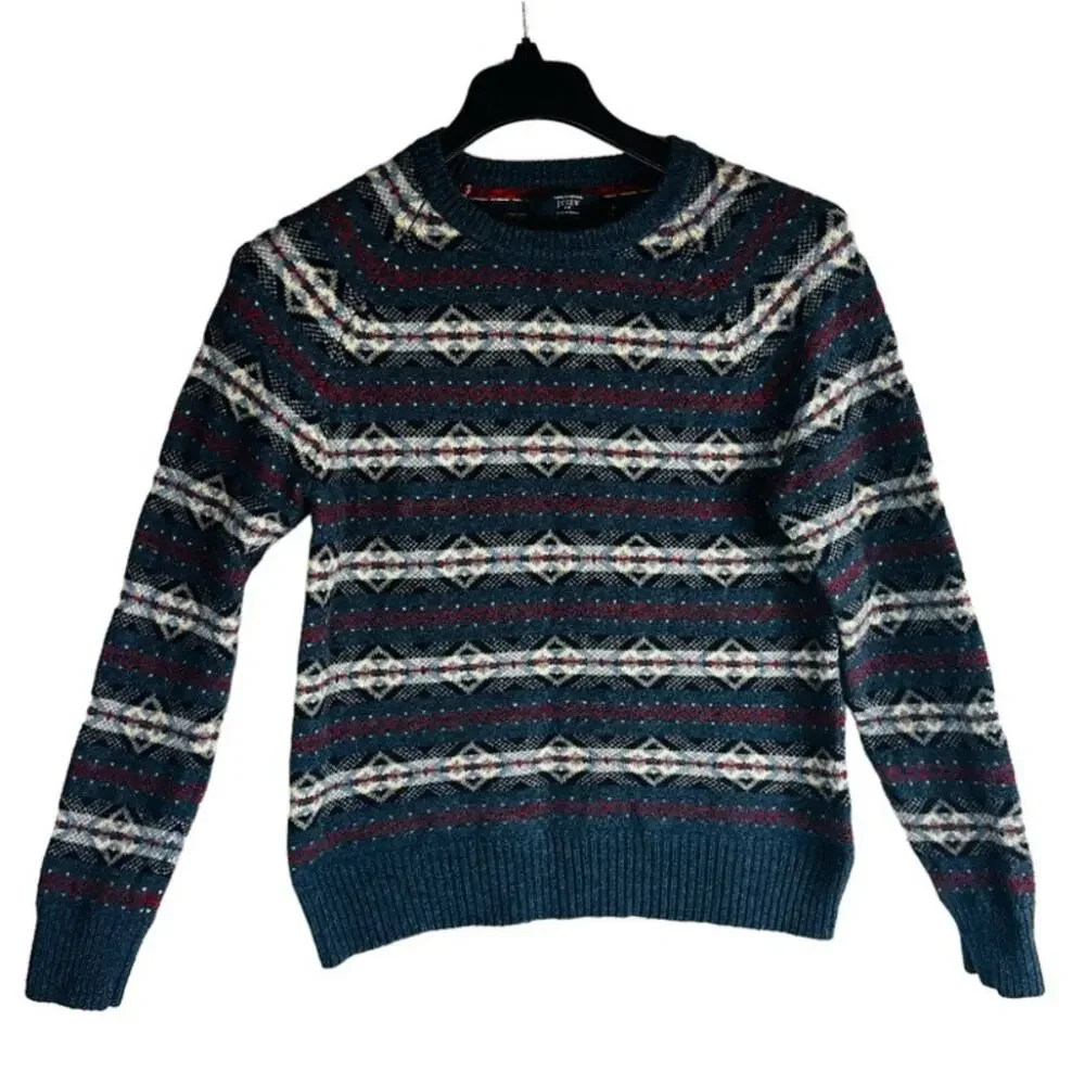 J. Crew Mens Sz Medium Sweater Blue Red Pullover Striped Casual Lambs Wool Blue